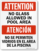 Bilingual No Glass In Pool Area Sign