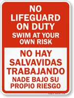 Bilingual No Lifeguard on Duty Sign