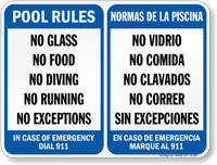 Bilingual Pool Area Rules, Emergency Phone Number Sign