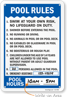 Pool Rules With Pool Occupancy and Pool Hours Sign